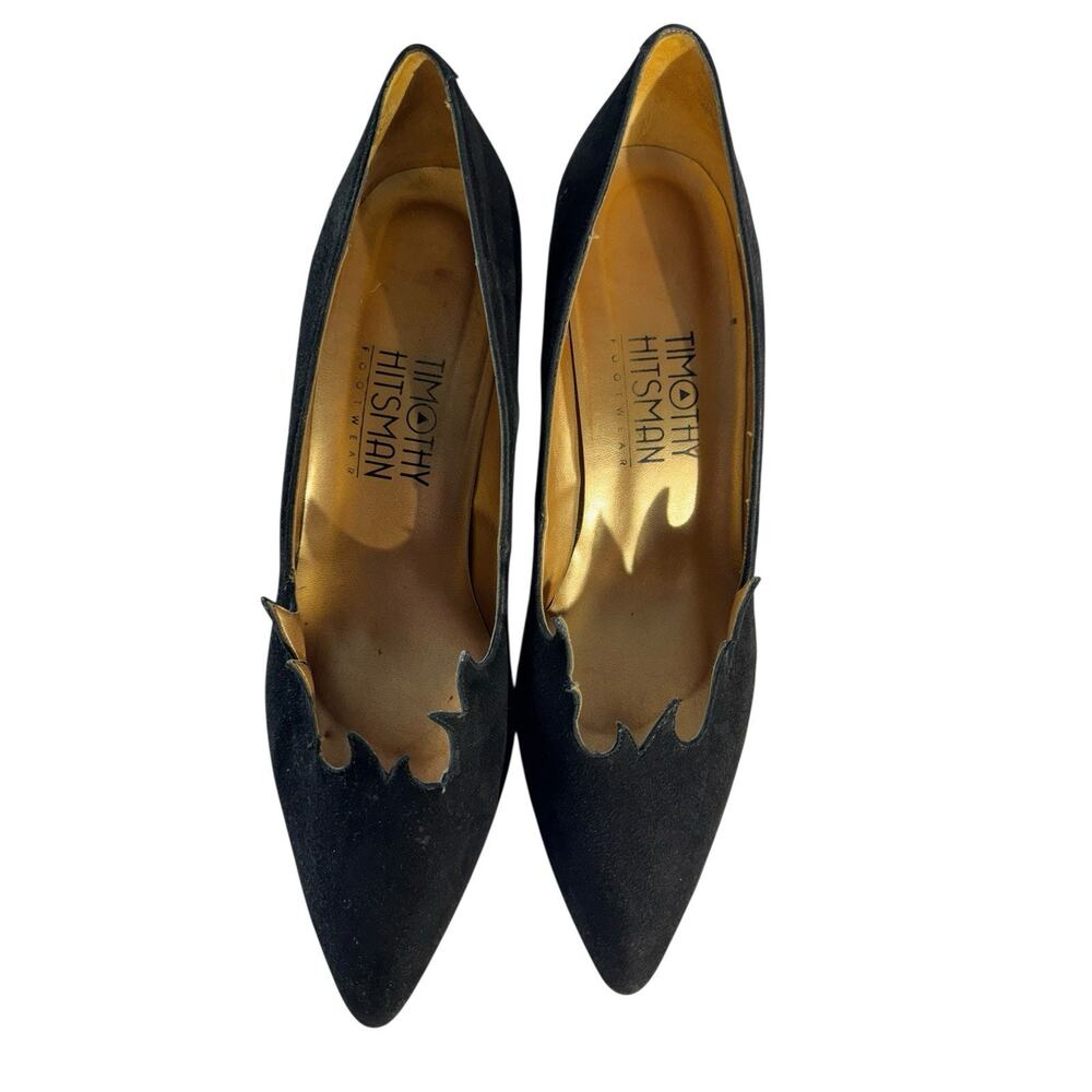 Vintage Timothy Hitsman Women Suede Leather Heels Scalloped Waves Black 6.5M - Picture 14 of 14